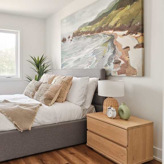 a bedroom with a large bed, a nightstand, and a painting on the wall.