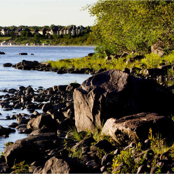 a rocky shoreline with a body of water and houses in the distance.