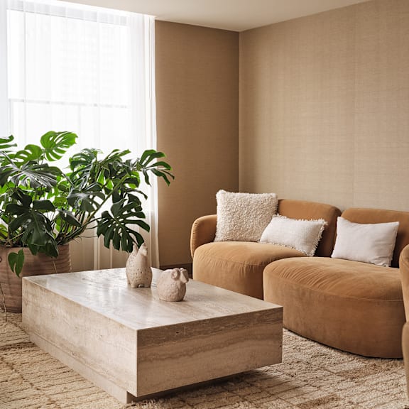 a living room with a brown sofa, a coffee table, and a potted plant.