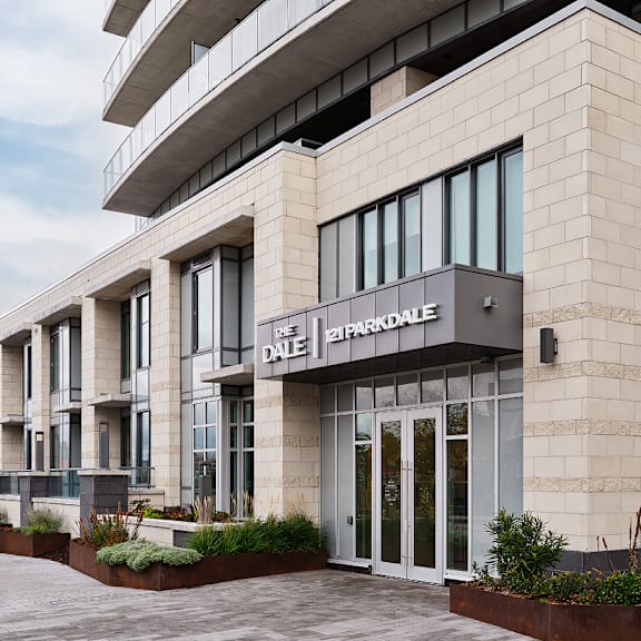 the front of a building with the name at the dale apartments , ottawa, on, k1y 4y5