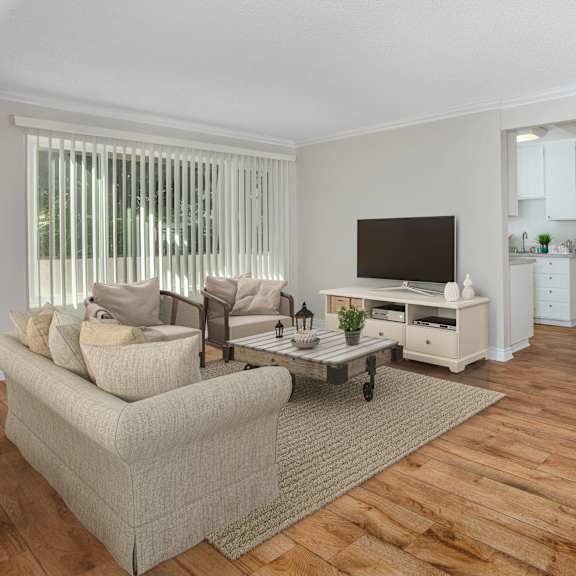 a living room with a couch, a coffee table, and a television.