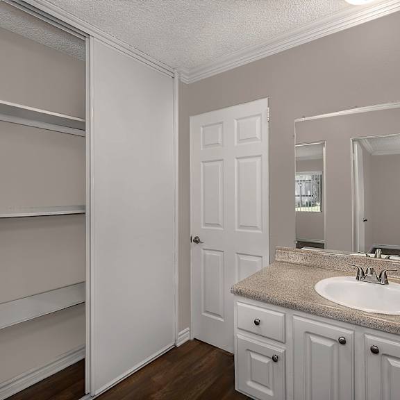 a bathroom with a sink, mirror, and shelves.