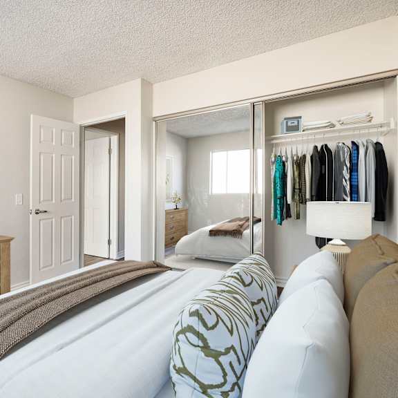 a bedroom with a bed, dresser, and a painting of a plant.