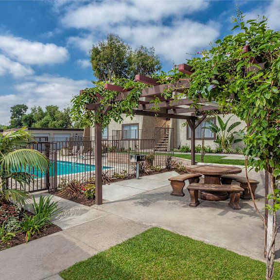 a courtyard with a pool enclosed in a fence and a picnic table surrounded by plants.