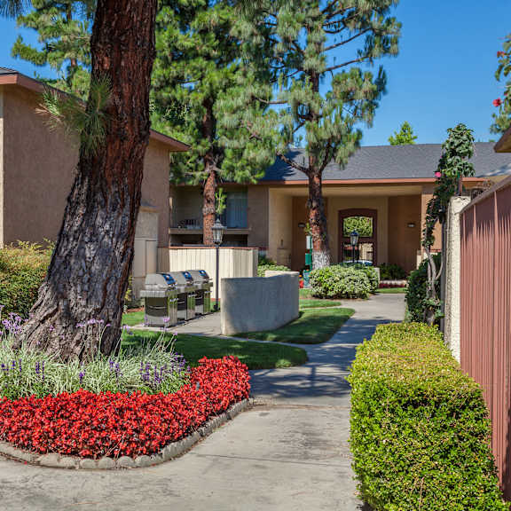 a residential area with a tree, flower bed, and a lamp post.