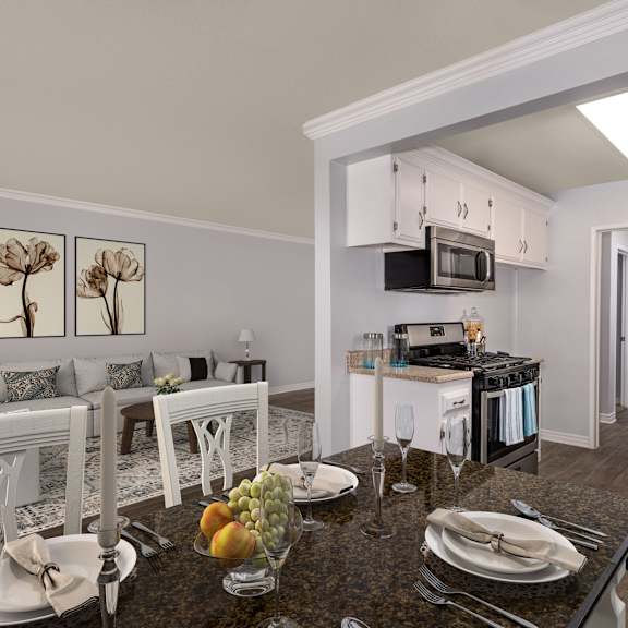 a modern kitchen with a breakfast table set.