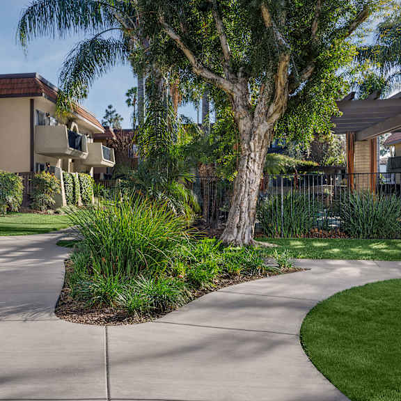 a concrete walkway leads through a landscaped area in front of apartment buildings.