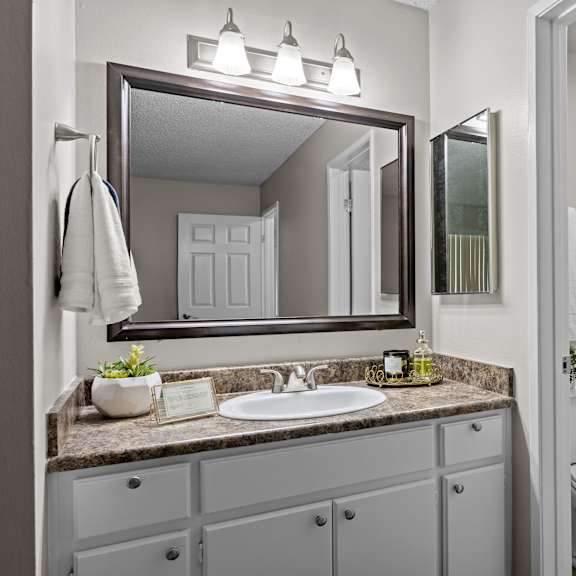 a bathroom with a sink, mirror, and toilet.
