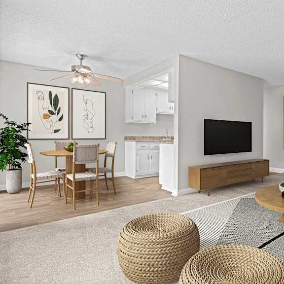 a living room with a television, a dining table, and chairs.