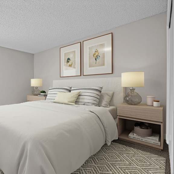 a bedroom with a large bed and a window with blinds.
