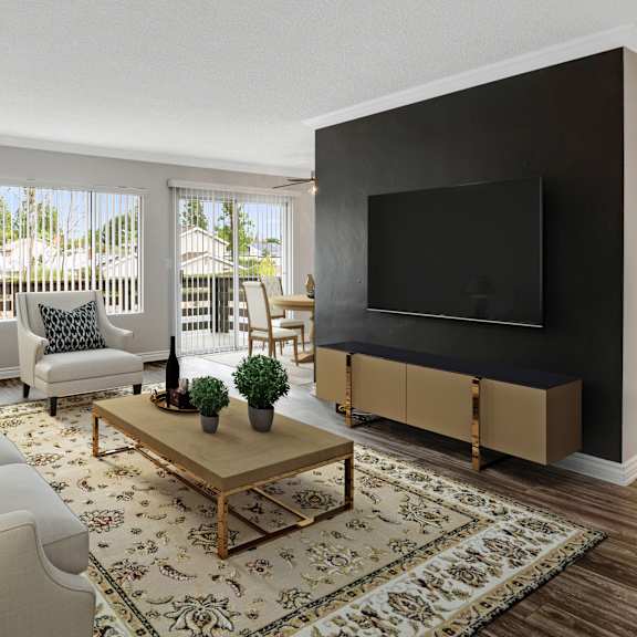 a living room with a grey sofa, a wooden coffee table, a black television and a rug.