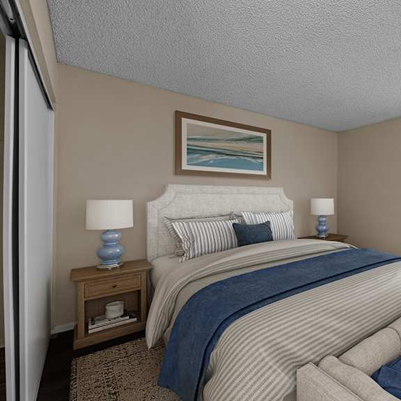 a bedroom with a large bed and a painting on the wall.