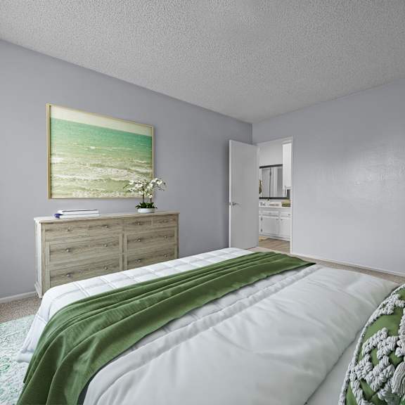 a bedroom with a bed, dresser, and a painting on the wall.