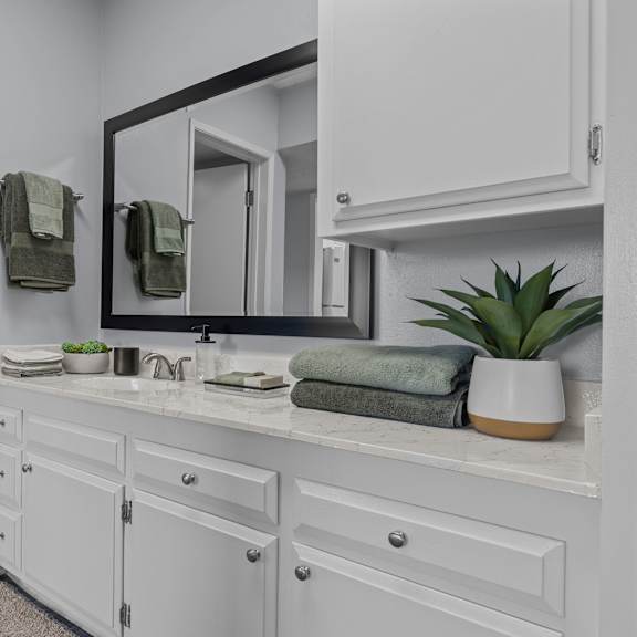 a white bathroom with a mirror, towel rack, and a potted plant.