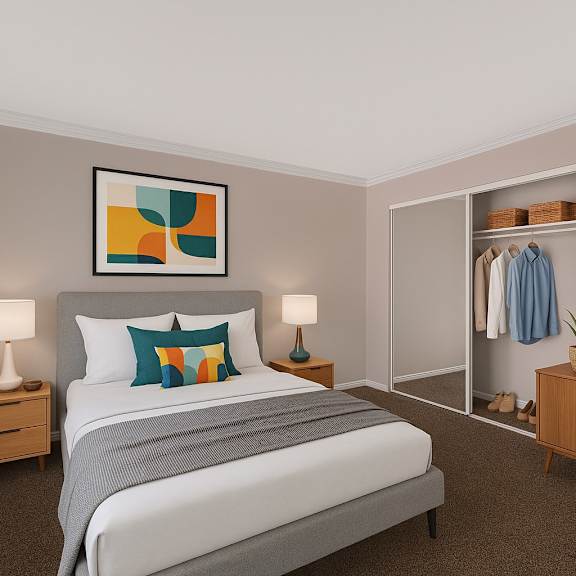 a bedroom with a large bed, two nightstands, a side table, sliding closet mirror doors, and a couple of paintings on the walls.