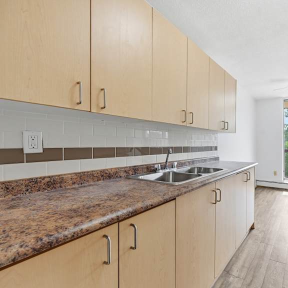 a kitchen with wooden cabinets and a granite countertop.