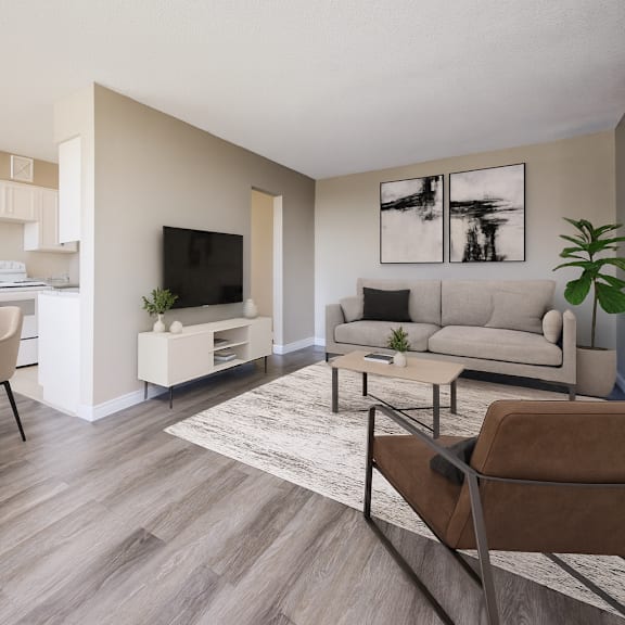 a modern living room with a dining table and chairs.