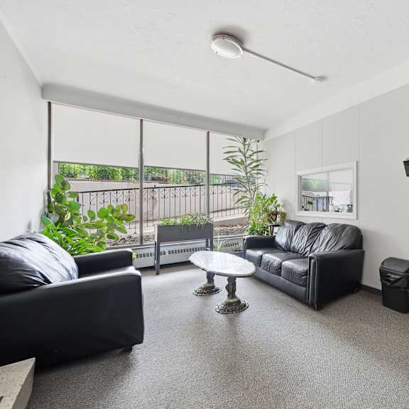 a black couch sits in a living room with a table and a plant.