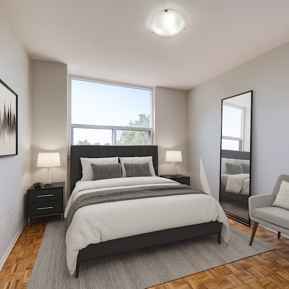 a bedroom with a large bed, a chair, and a mirror.