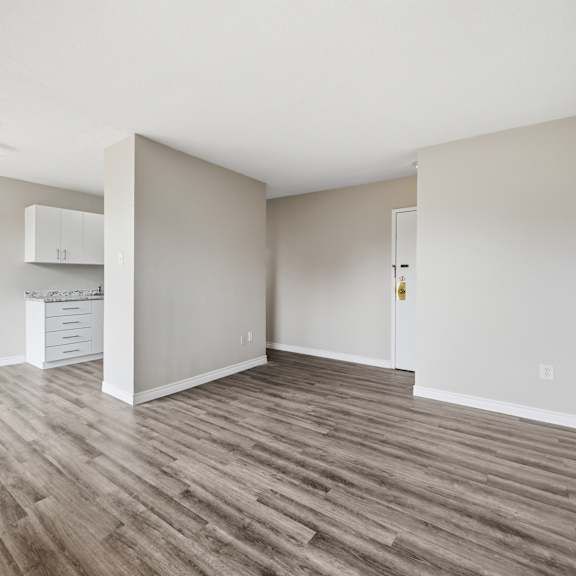 a room with wood flooring and a ceiling fan.