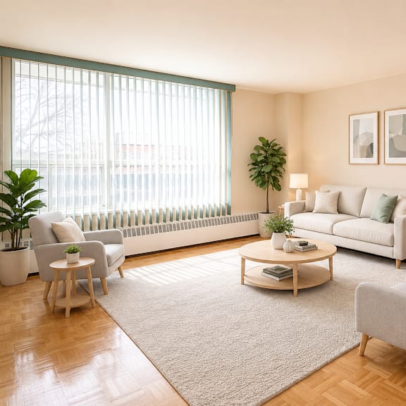 a living room with a grey sofa, a white coffee table, and a grey armchair.