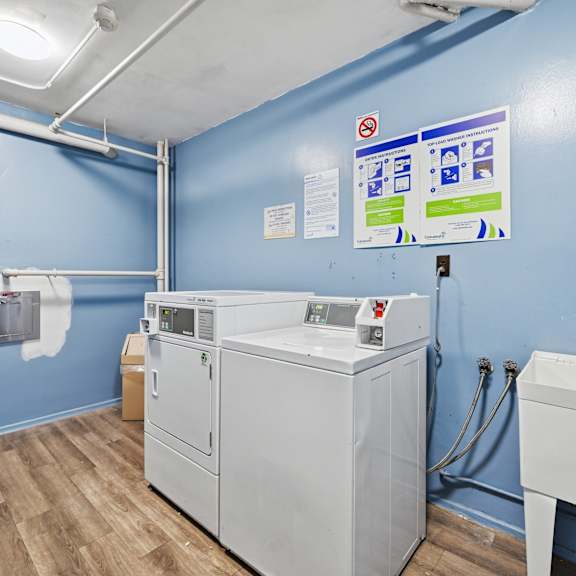a blue wall with a white sink and a washing machine.