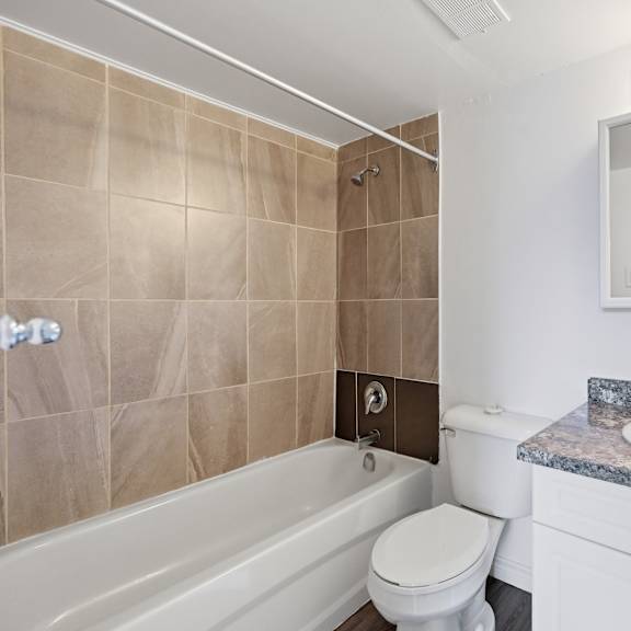 a bathroom with a marble countertop and a white toilet.