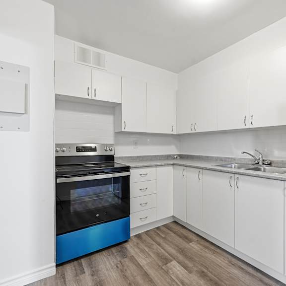 a modern kitchen with white cabinets and a blue stove top.
