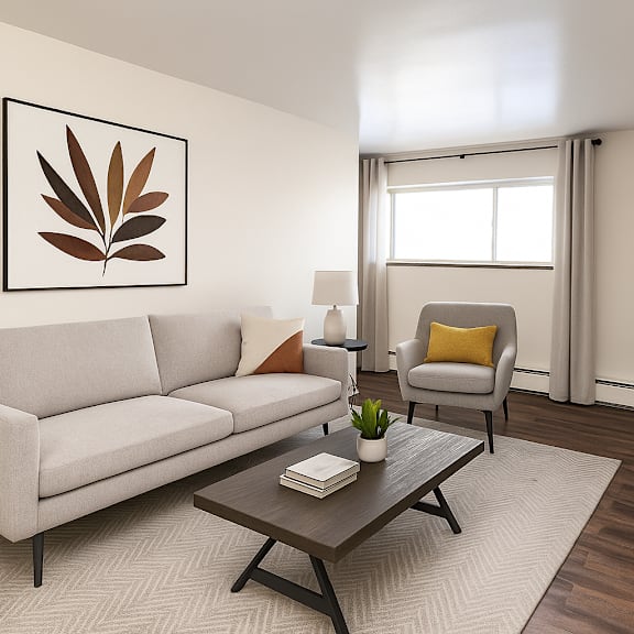 a living room with a grey couch, a yellow pillow, a coffee table, a lamp, a plant, and a television.