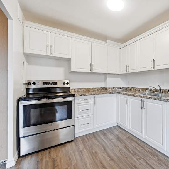 a kitchen with white cabinets and a granite countertop.
