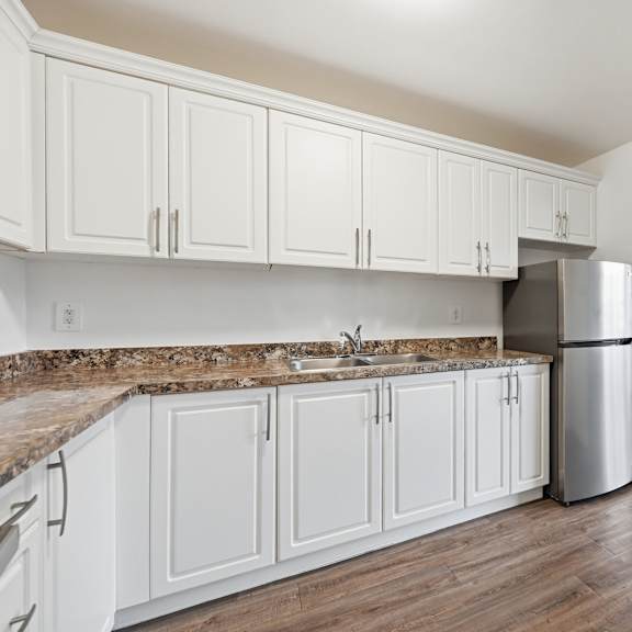 a kitchen with white cabinets and a granite countertop.