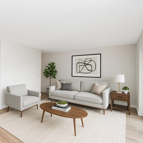 a living room with a couch, chairs, and a coffee table.