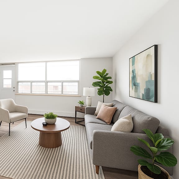 a living room with a grey couch, a white chair, a wooden coffee table, and a painting on the wall.