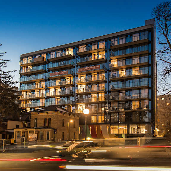 night view of apartment at ophelia on queen apartments, kitchener