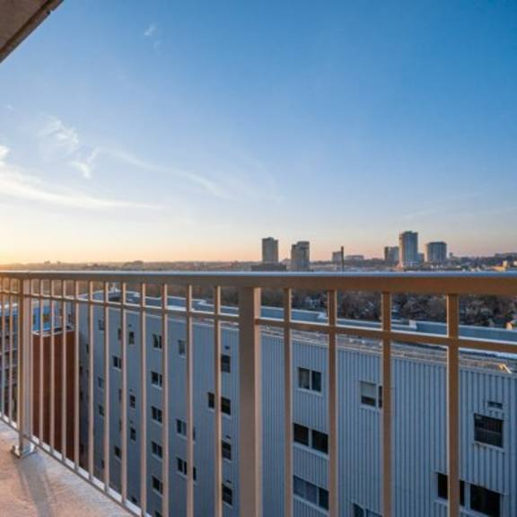 balcony with metal railing at ophelia on queen apartments, kitchener, ontario