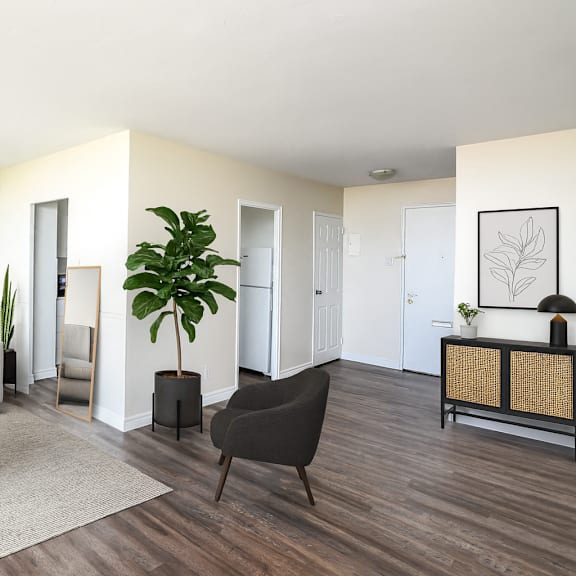 a living room with a white couch, a coffee table, a chair, and a potted plant.