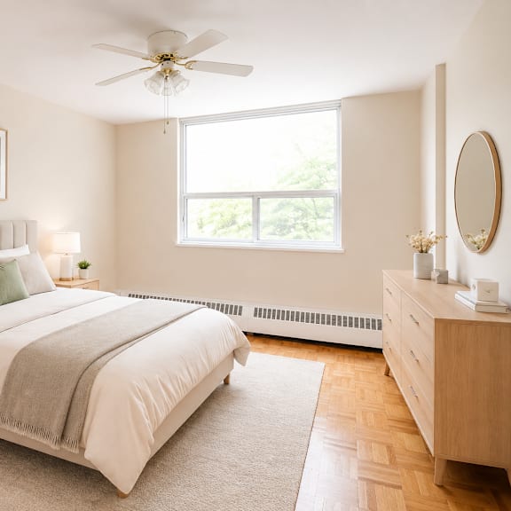 a bedroom with a large bed, a nightstand, and a window.