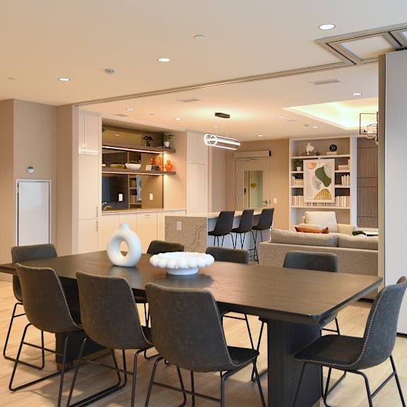 a modern dining room with a table set for four at roxy apartments, hamilton, on