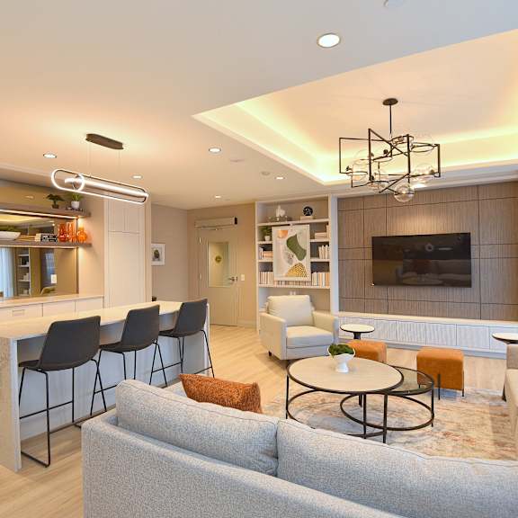 a modern living room with a grey sofa and a bar area at roxy apartments, hamilton, ontario
