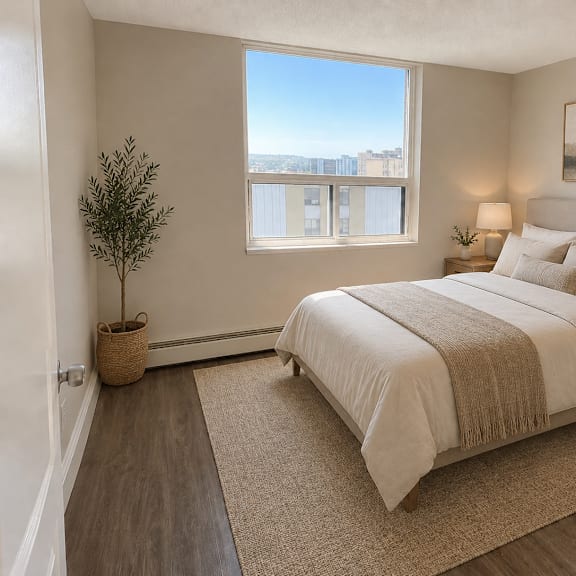 a bedroom with a large bed and a view of the city through the window.
