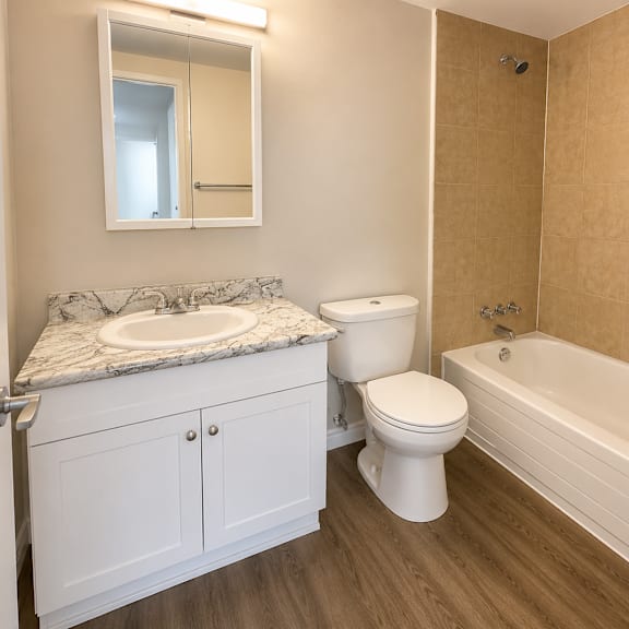 a bathroom with a toilet, sink, and bathtub.