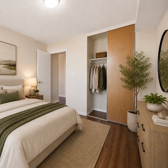 a bedroom with a large bed and a painting on the wall.