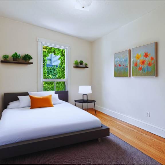 a bedroom with a bed, a window, and two paintings on the wall.