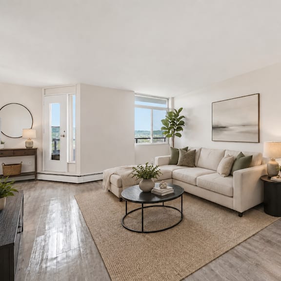 a living room with a white couch, a coffee table, and a large painting on the wall.