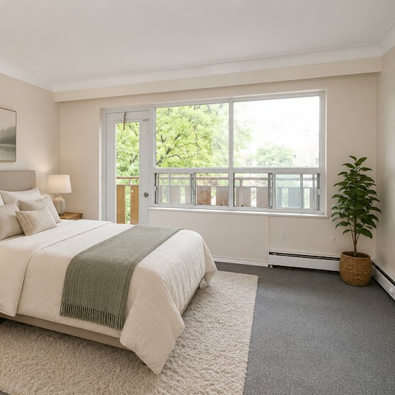 a bedroom with a large bed and a balcony.