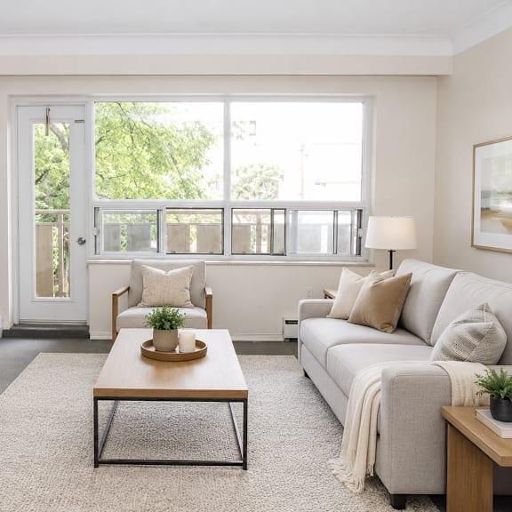 a living room with a grey sofa, a coffee table, and a large window.