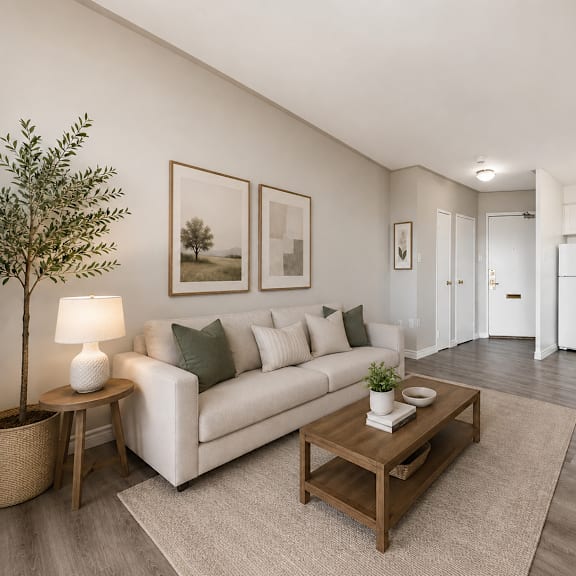 a living room with a white couch, a coffee table, and a television.