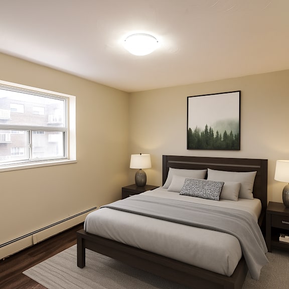 a bedroom with a large bed and a painting on the wall.