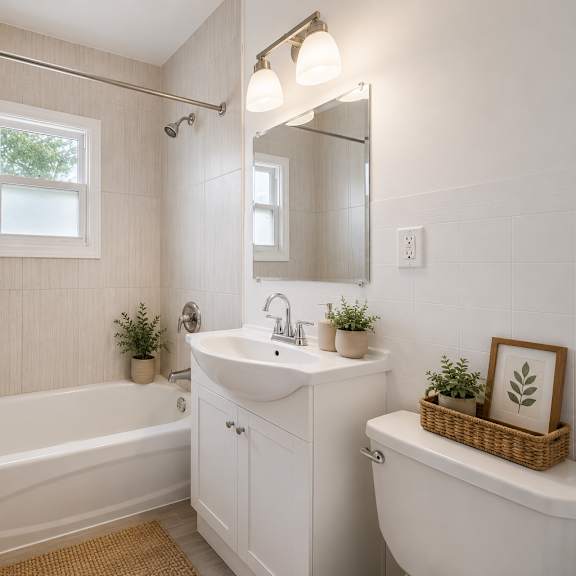 a bathroom with a white tub, sink, and toilet.