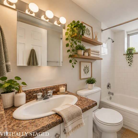 a bathroom with a marble countertop and a white toilet.